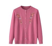 Cardigan Women,Middle-Aged and Elderly Knitted Cardigan Sweaters Women's Lightweight Crew Neck Jumper Vintage Floral Embroidered Long Sleeve Button Jacket Grandma Gifts Pink S