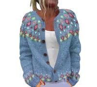 Cardigan Womens Chunky Knit Button Down Sweater Cardigans Plush Art Floral Print Vintage Fair Isle Jumpers Jackets Ladies Plus Size Going Out Outerwears Long-Sleeve Soft Warm Tops A-Light Blue L