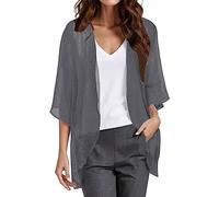 Cardigans for Women Chiffon Kimono Cardigans， Open Front Floral Print Puff Half Sleeve Lightweight Sweater， Comfort Ladies Cardigan Casual Loose High Low Hem Ruffles Thin Outwear Grey
