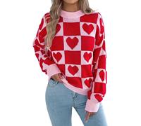 Cardigans For Women,Heart Print Knit Sweater Valentine’S Day Heart Pullover Sweater Oversized Long Sleeve Top