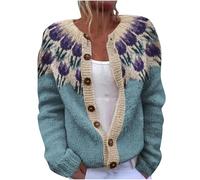 Cardigans for Women Lightweight Long Sleeve Sweaters Retro Ethnic Stlye Knitwear Ladies Open Front Button Cardigan Textured Fleece Casual Knitted Jackets Winter Round Neck Warm Sweater S-5XL