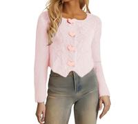 Cardigans for Women Square Neck Heart Shaped Buttons Cropped Fuzzy Furry Cozy Cardigan Casual Long Sleeve Knitwear(Pink, M)