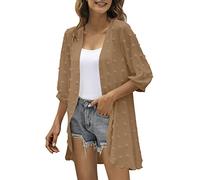Cardigans for Women UK Bolero Shrugs 3/4 Sleeve Lightweight Summer Chiffon Kimono Cardigan Loose Open Front Sheer Beach Cover Up Elegant Casual Boyfriends Cardigans for Spring Summer Autumn Khaki