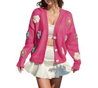 Cardigans for Women UK Elegant Soft Knit Cardigan Pattern Printed Button Long Sleeves Jumper Ladies Knitwear Sweater Autumn Winter Open Front Loose Casual Cardigan Coat (Hot Pink, L)