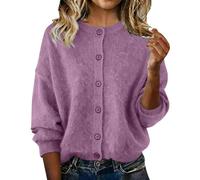 Cardigans for Women UK Fashion Button Down Crochet Top Round Neck Solid Color Jumpers Autumn Winter Warm Sweater Cozy Knitted Long Sleeve Cardigan Purple