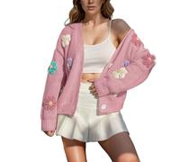 Cardigans for Women UK Flower Beauty Applique Button Long Sleeve V Neck Knit Fashion Sweater Elegant Embroidery Comfort Cardigan Tops Ladies Cardigan Plus Size Pink XL