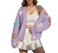 Cardigans for Women UK Flower Beauty Applique Button Long Sleeve V Neck Knit Fashion Sweater Elegant Embroidery Comfort Cardigan Tops Women's Cardigan Purple XL