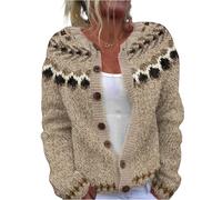 Cardigans for Women UK - Ladies Chunky Knit Open Front Sweater Vintage Pattern Print Long Sleeve Button Loose Short Cardigan Outerwear Coats Autumn Winter Clothing Teenage Gifts,Khaki,L,u296t