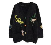 Cardigans for Women UK Long Sleeve V Neck Cable Knit Sweater Colorful Open Front Button Embroidered Knitted Cardigans Loose Lightweight Jumper Knitwear Outerwear A-Black