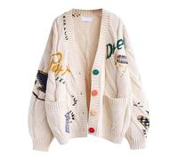 Cardigans for Women UK, Loose Fit V Neck Button Down Chunky Cable Knit Sweater Cardigan with Pockets, Colourful Embroidery Ladies Knitwear for Autumn Winter Everyday