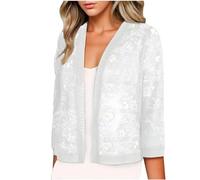 Cardigans for Women UK Open Front Sheer Shrugs Lightweight Floral Lace Cardigan Plus Size Long Sleeve Outwear Ladies Tops Fashion Hollow Out Cardigans Elegant Cover Up for Evening Dresses White