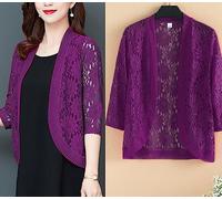 LCDIUDIU Cardigans For Women Uk, Women’S Floral Lace Mesh Shrug Top Elegant Hollow Crochet Bolero Summer Cardigan Open Front Ladies Light Jacket 3/4 Sleeves Mesh Cover-Up For Dress Plus Size,Purple,L