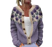 Cardigans for Women UK Womens Casual Loose Fit Single Plush Art Floral Print Comfortable Knitted 2025 Winter Autumu Cardigan Ladies Long Sleeve Button Down Lightweight Jackets B-Purple L