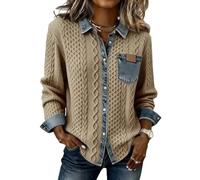 Cardigans for Women UK - Women's Chunky Cardigan Autumn Winter Denim Patchwork Long Sleeve Button Down Casual Cable Knit Sweater Outerwear with Pockets Gifts for Teens,Camel,L,u825k