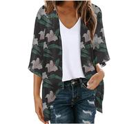 Cardigans for Women UK Women's Floral Print 3/4 Sleeve Open Front Kimono Cardigan Loose Cover Ups Casual Tops Trendy Lightweight Chiffon Blouse Hawaiian Beach Resort Wear