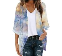 Cardigans for Women UK Women's Floral Print 3/4 Sleeve Open Front Kimono Cardigan Loose Cover Ups Casual Tops Trendy Lightweight Chiffon Blouse Hawaiian Beach Resort Wear