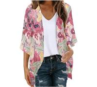 Cardigans for Women UK Women's Floral Print 3/4 Sleeve Open Front Kimono Cardigan Loose Cover Ups Casual Tops Trendy Lightweight Chiffon Blouse Hawaiian Beach Resort Wear