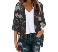 Cardigans for Women UK Women's Floral Print 3/4 Sleeve Open Front Kimono Cardigan Loose Cover Ups Casual Tops Trendy Lightweight Chiffon Blouse Hawaiian Beach Resort Wear