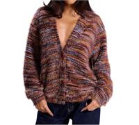 Cardigans for Women UK - Womens Striped Multicolor Long Sleeve Button Down V Neck Knit Fuzzy Cardigan Sweater Draped Kimono Style Casual Outwear UK Size 10 12 14 16 18 20,Deep Red,XL,U1040K