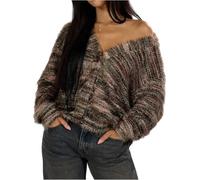 Cardigans for Women UK - Womens Striped Multicolor Long Sleeve Button Down V Neck Knit Fuzzy Cardigan Sweater Draped Kimono Style Casual Outwear Gifts for Her,Coffee,S,U1035K