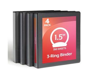 Cardinal 1.5 Inch 3 Ring Binder, Round Ring, Black, 4 Pack, Holds 350 Sheets (79519)