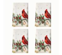 Cardinal and Pine Winter Theme Christmas 4 Pcs Kitchen Towels 16x24Inch | Red Birds, Hand Towels, Winter Pine Branches, Holly Berries, Pinecones, Snowflakes, Rustic Woodland Theme