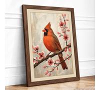 Cardinal and Spring Blossoms Botanical Framed Wall Art Print A2 (59.4×42cm) Walnut, Wall Decor for Living Room, Bedroom, Office & Home, Ready to Hang, Art Gift