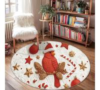 Cardinal Area Rug, Christmas Festive Ornament Stars Xmas Red Non-Slip Backing Round Doormat Throw Rug Edge Binding Bathroom Bedside Entryway Door Decor 4' X 4'