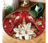 Cardinal Area Rug, Christmas Festive Poinsettia Gold Accents Xmas Red Low Pile Aesthetic Circle Home Floor Carpet Rugs for Living Room Bedroom Hallway Desk Office Decor 6' X 6'