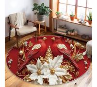 Cardinal Area Rug, Christmas Festive Poinsettia Gold Accents Xmas Red Non-Slip Backing Home Floor Circle Print Carpet Rugs for Living Room Bedroom Hallway Office Decor 5' X 5'