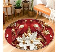 Cardinal Area Rug, Christmas Festive Poinsettia Gold Accents Xmas Red Non-Slip Backing Indoor Doormat Round Throw Rug Non Shedding Entryway Bathroom Laundry Room Decor 3' X 3'