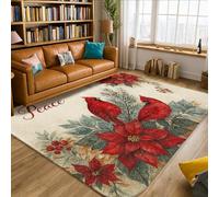 Cardinal Area Rug, Christmas Rustic Poinsettia Berries Christmas Red Low Pile Foam Indoor Rectangle Carpet Non Shedding Rugs for Living Room Bedroom Hallway Desk Office Decor 5' X 7'