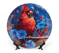 Cardinal Bird American Morning Glory Flower Flag Ceramic Decorative Plates for Display Ornaments with Stand for Kitchen Home Decor 6inch