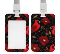Cardinal Bird and Floral Vertical ID Badge Holder with Windows Hard Plastic Case Card Protector Pouch for Office