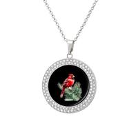 Cardinal Bird Cute Necklace For Women Charm Circle Pendant with Crystals Dainty Jewelry