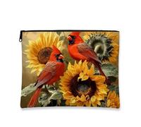 Cardinal Birds Makeup Bag, Sunflower Pattern Vintage Floral Cosmetic Travel Pouch for Women, Portable Small Canvas Zipper Organizer, Spring Festival Gift Skincare Toiletry Bag, Red, 7x9 Inch