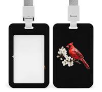 Cardinal Branch Flower Fashion ID Badge Holder Sliding Vertical Name Tag Card Protector with Lanyard