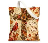 Cardinal Canvas Tote Bag for Women, Fall Rustic Sunflower Cross Fall Red Washable Reusable Aesthetic Tote Bags Ideas for Tr, Red, 13x15 Inch