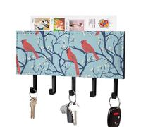 Cardinal Cute Bird Leather Key Holder Wall Mounted with 5 Hooks Decorative Keys Rack for Home Entryway Decor 4.3 × 7.1 Inch