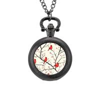 Cardinal Cute Birds Pattern Vintage Pocket Watches Roman Numerals Quaretz Watch with Chain Christmas Birthday Gifts Black-Style