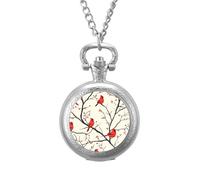 Cardinal Cute Birds Pattern Vintage Pocket Watches Roman Numerals Quaretz Watch with Chain Christmas Birthday Gifts Silver-Style