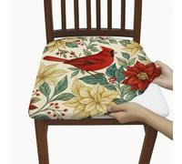 Cardinal Floral Chair Seat Covers, Stretch Spandex Washable Cushion Slipcovers with Poinsettia Print, Holiday Decorative Covers for Kitchen Dining Decor 2pcs