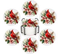 Cardinal Flower Coasters Set of 6,Absorbent Ceramic Coasters with Cork Base,Round Coaster Mats for Cold Drinks & Mugs, Rustic Home Decor + Holder