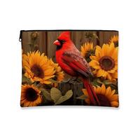 Cardinal Makeup Bag, Red Bird and Sunflower Artistic Cosmetic Travel Pouch for Women, Portable Small Canvas Zipper Organizer, Nature-Inspired Gift Toiletry Bag, Red, 7x9 Inch, Bird