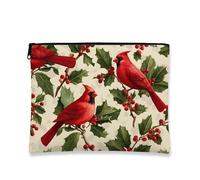Cardinal Makeup Bag, Red Birds Floral Cosmetic Pouch for Women, Portable Small Canvas Zipper Organizer, Christmas Skincare Toiletry Bag, Red, 7x9 Inch, Bag