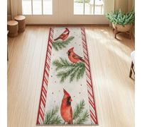 Cardinal Runner Rug, Christmas Festive Pine Hearts Xmas Red Low Pile Soft Rectangle Carpet Stain Resistant for Kitchen Entryway Bathroom Doorway Decor 2x5 Ft