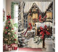Cardinal Shower Curtain, Winter Holiday Red Bird Bathroom Decor, Cozy Rustic Snow Scene Fabric Shower Curtain with Hooks 54x78 Inch