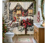 Cardinal Shower Curtain, Winter Holiday Red Bird Bathroom Decor, Cozy Rustic Snow Scene Fabric Shower Curtain with Hooks 72x72 Inch
