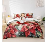 Cardinal Snowflake Kids Duvet Cover Set Super King Size,Poinsettia Flower Pine Cone Leaf Girls Boy Bedding Set,Christmas Rustic Farmhouse Room Decor,Vintage Red Quilt Cover,2 Pillowcases(No Comforter)