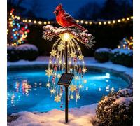 Cardinal Solar Garden Stake, Memorial Bird Figurine with LED | Snowflake LED light. Red cardinal design. Great for yard, lawn, or pathway. Sympathy memorial ornament.